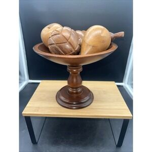 MCM Vintage Carved Wood Bowl W Fruit Pieces Grapes Apple Pear Mid Century Wooden